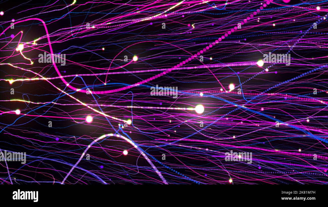 3D rendering of bright multi-colored particles fill the space with jets ...