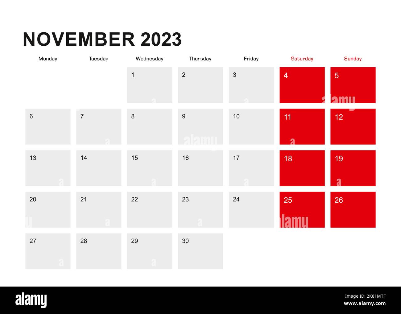 Weekdays November 2023 November planner calendar design. Week starts from Monday. Vector ...