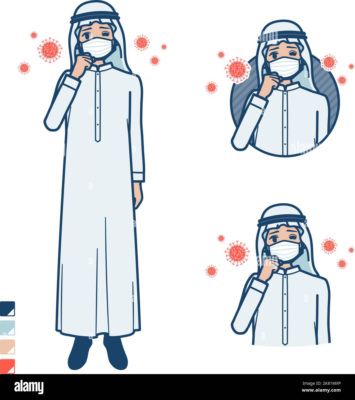 A arabian man in white costume with Put on a mask and cough images.It's ...