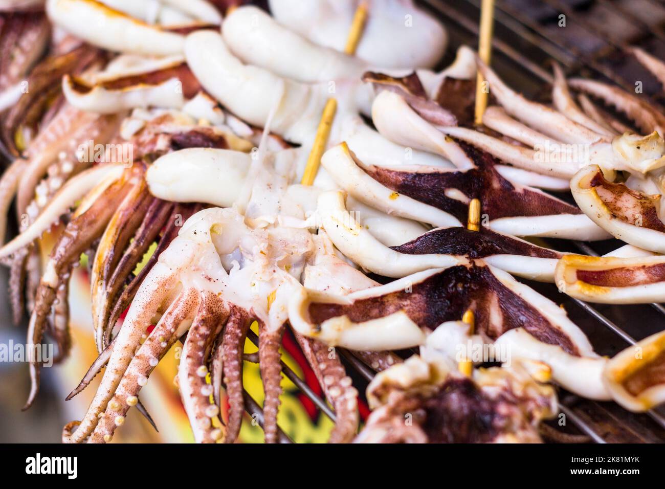 Squid skewers ready for grilling at a street food area in Taipei, Taiwan Stock Photo