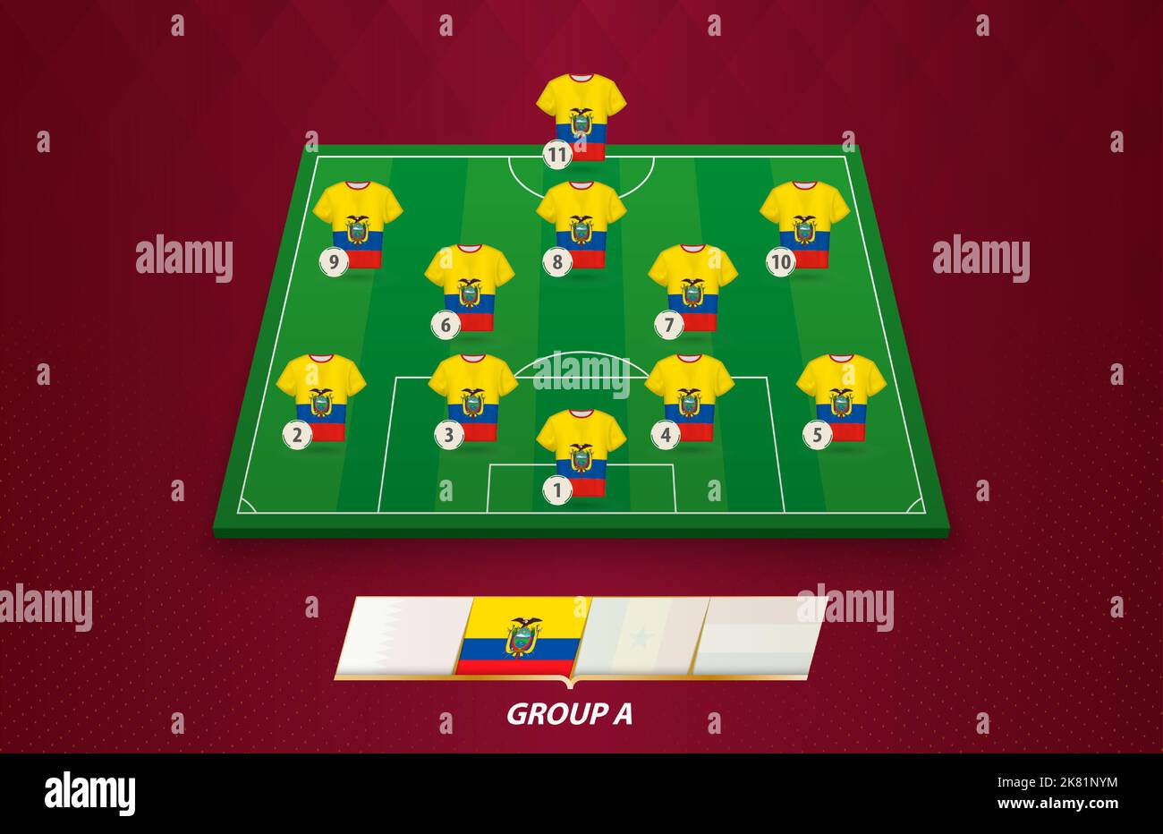 Football field with Ecuador team lineup for European competition. Soccer players on half football field. Stock Vector