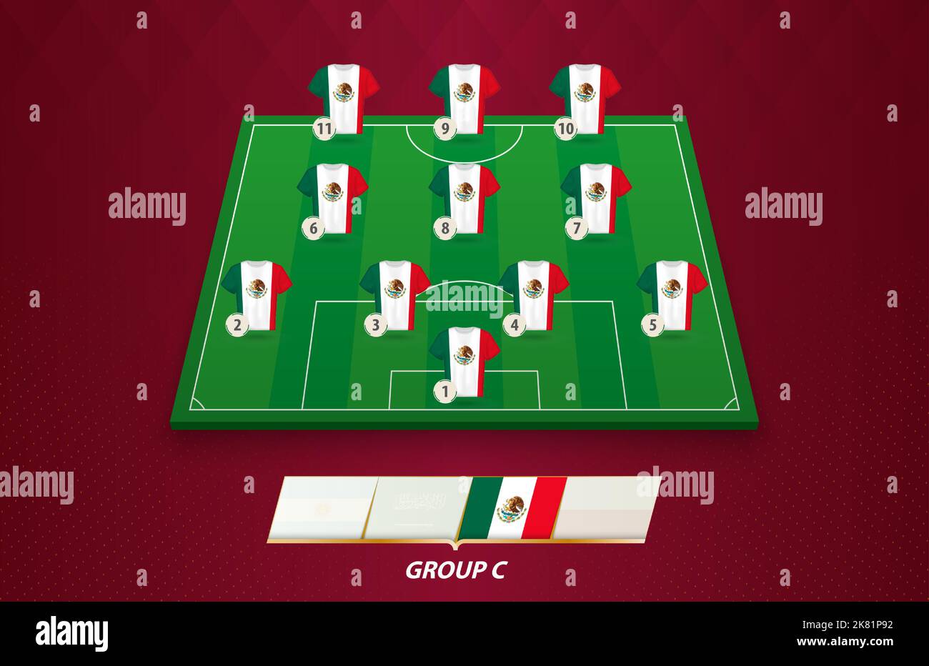 Football field with Mexico team lineup for European competition. Soccer
