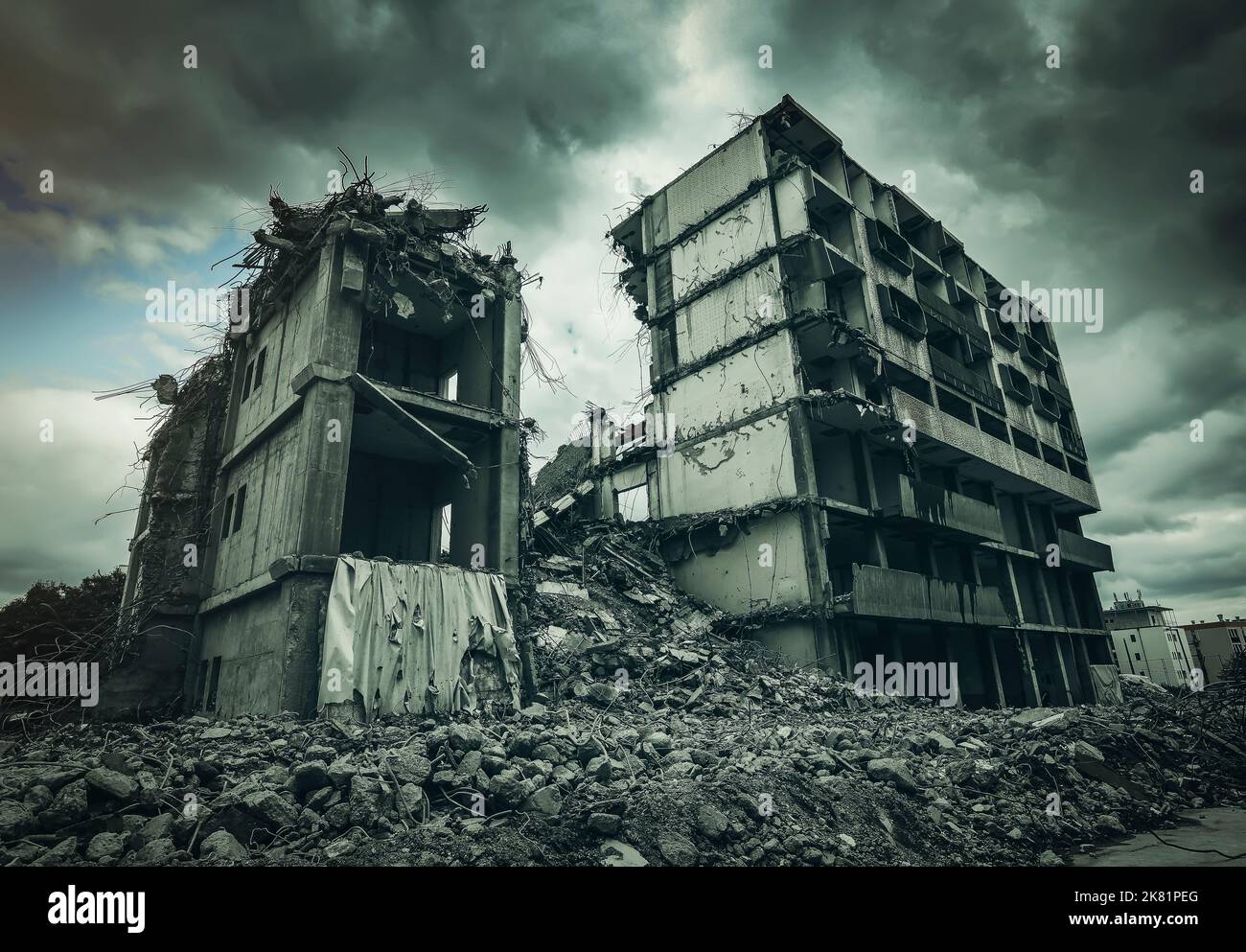 Post-apocalyptic destroyed building in city Stock Photo