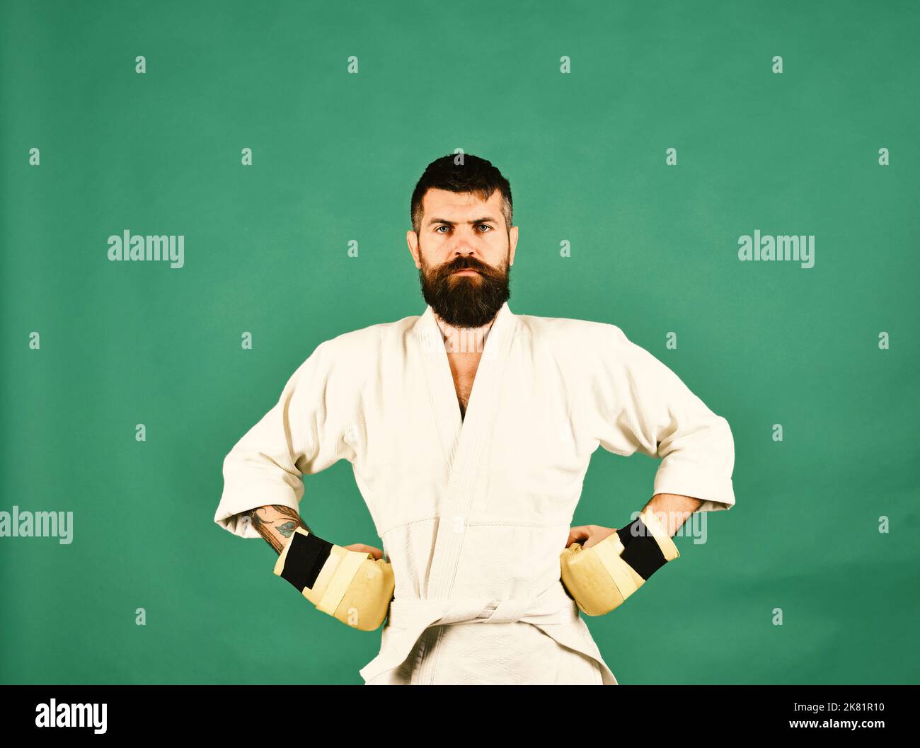 Combat master poses demonstrating muscles. Japanese martial arts