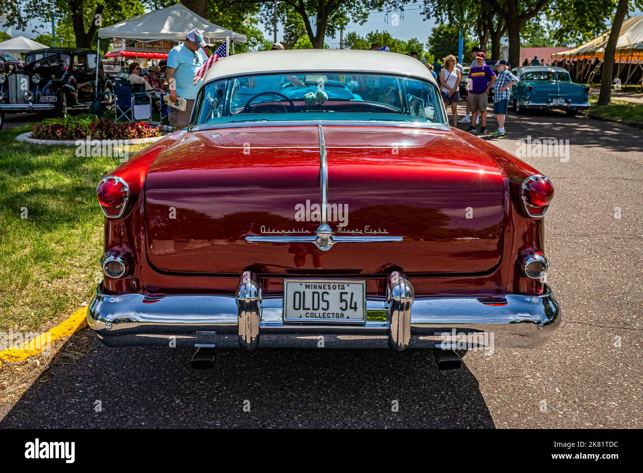 Falcon Heights, MN - June 19, 2022: High perspective rear view of a 1954 Oldsmobile 98 Holiday Hardtop Coupe at a local car show. Stock Photo