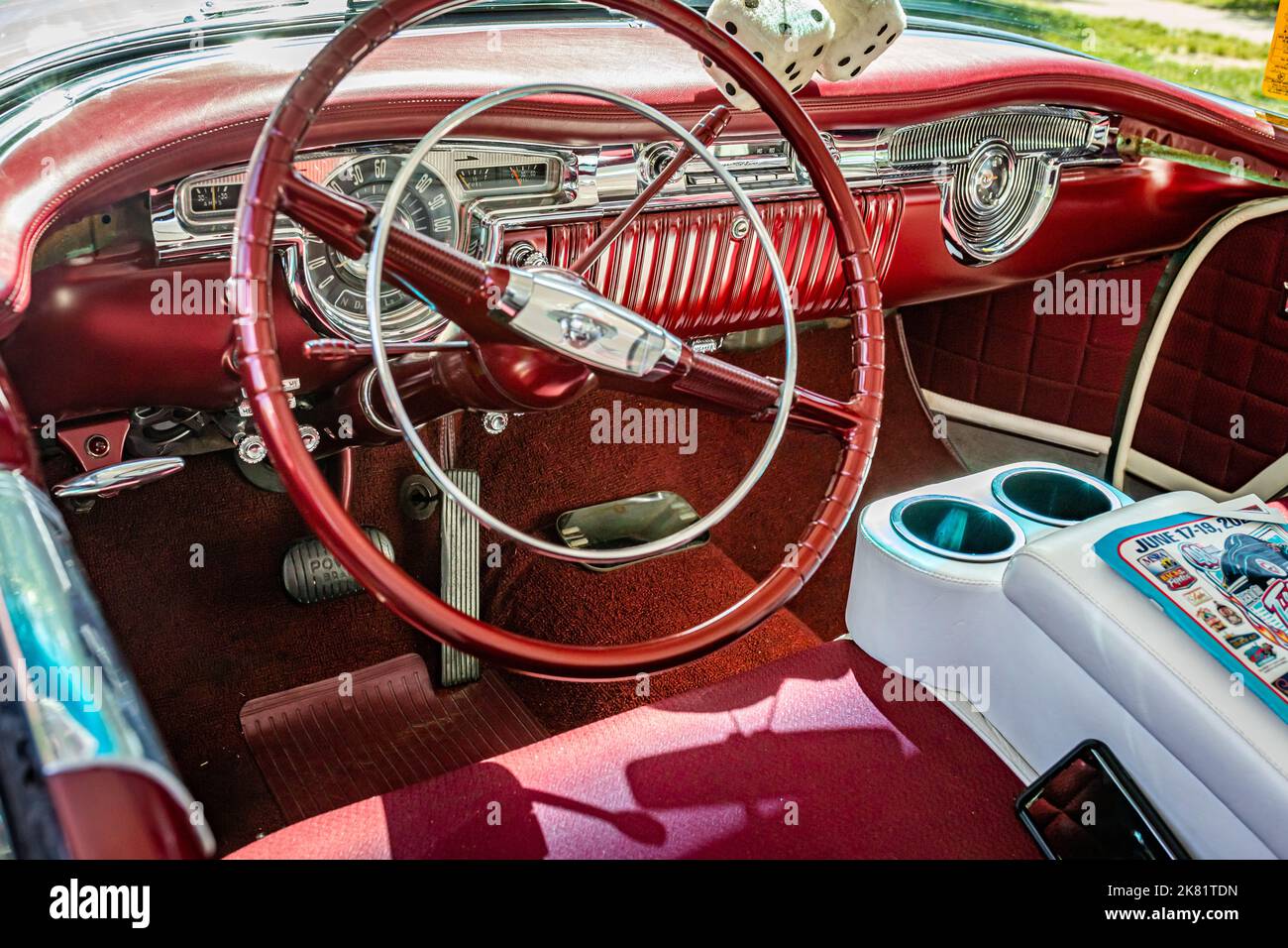 Falcon Heights, MN - June 19, 2022: Close up detail interior view of a 1954 Oldsmobile 98 Holiday Hardtop Coupe at a local car show. Stock Photo