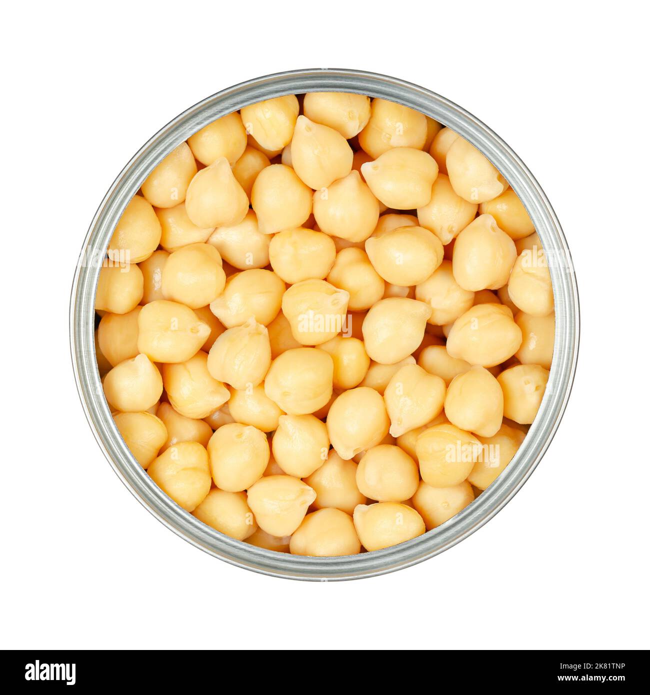 Chickpeas, in an opened can. Cooked and canned chick peas, high in protein, seeds of Cicer arietinum, a legume, also known as garbanzo beans or gram. Stock Photo