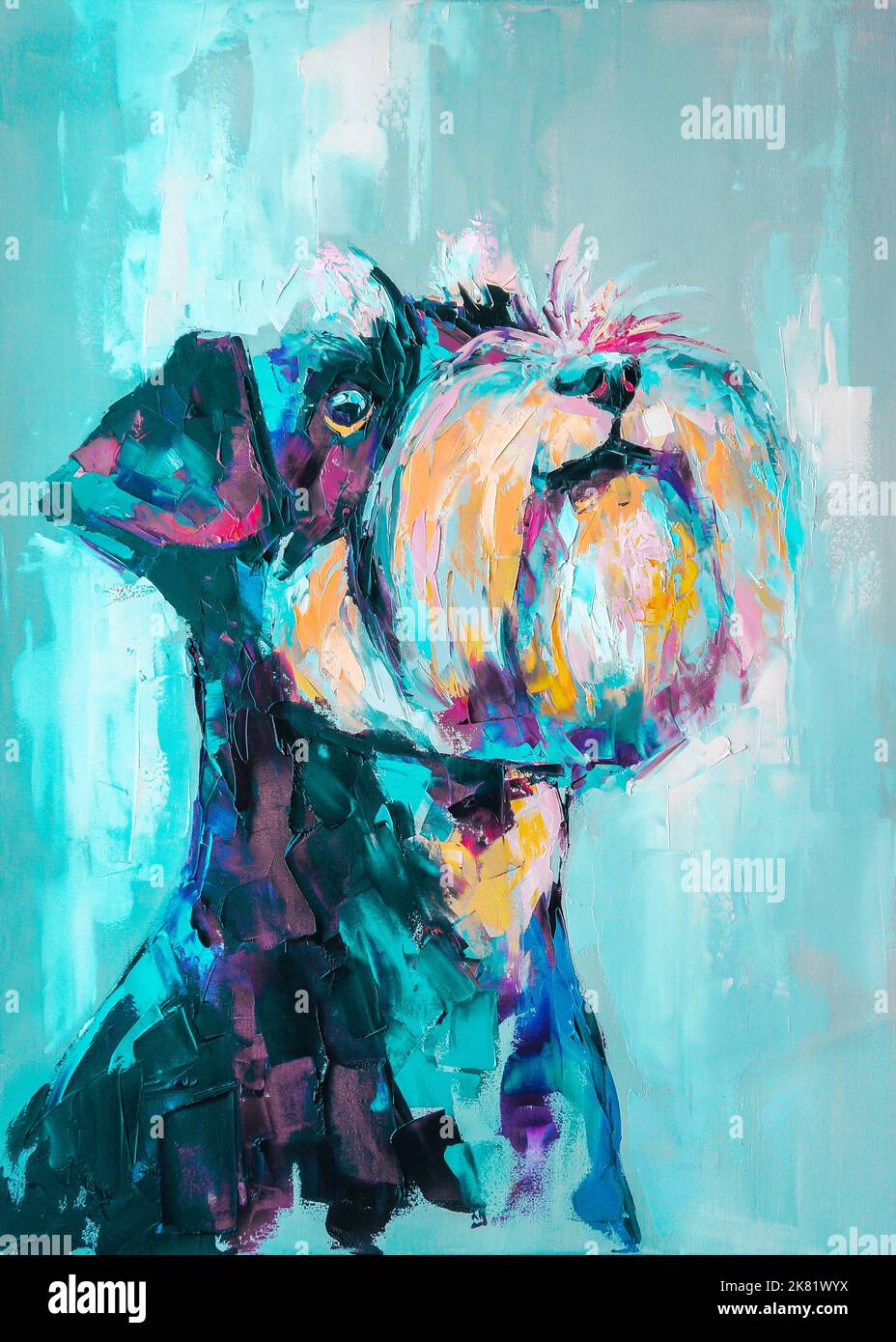 Oil dog portrait painting in multicolored tones. Conceptual abstract