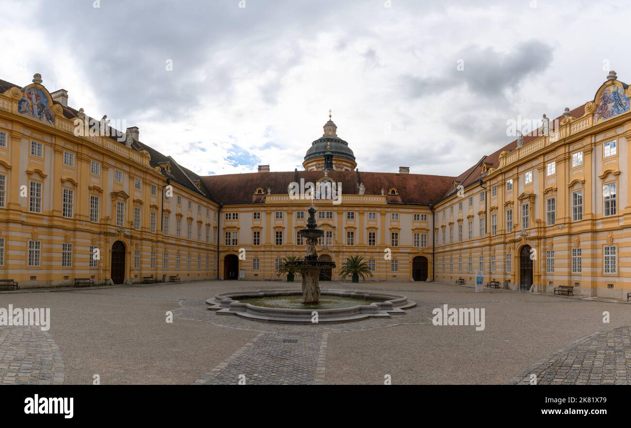 Melk, Auistria - 22 September, 2022: view of the courtyard and fountain at the entrance of Melk Abbey in Lower Austria Stock Photo