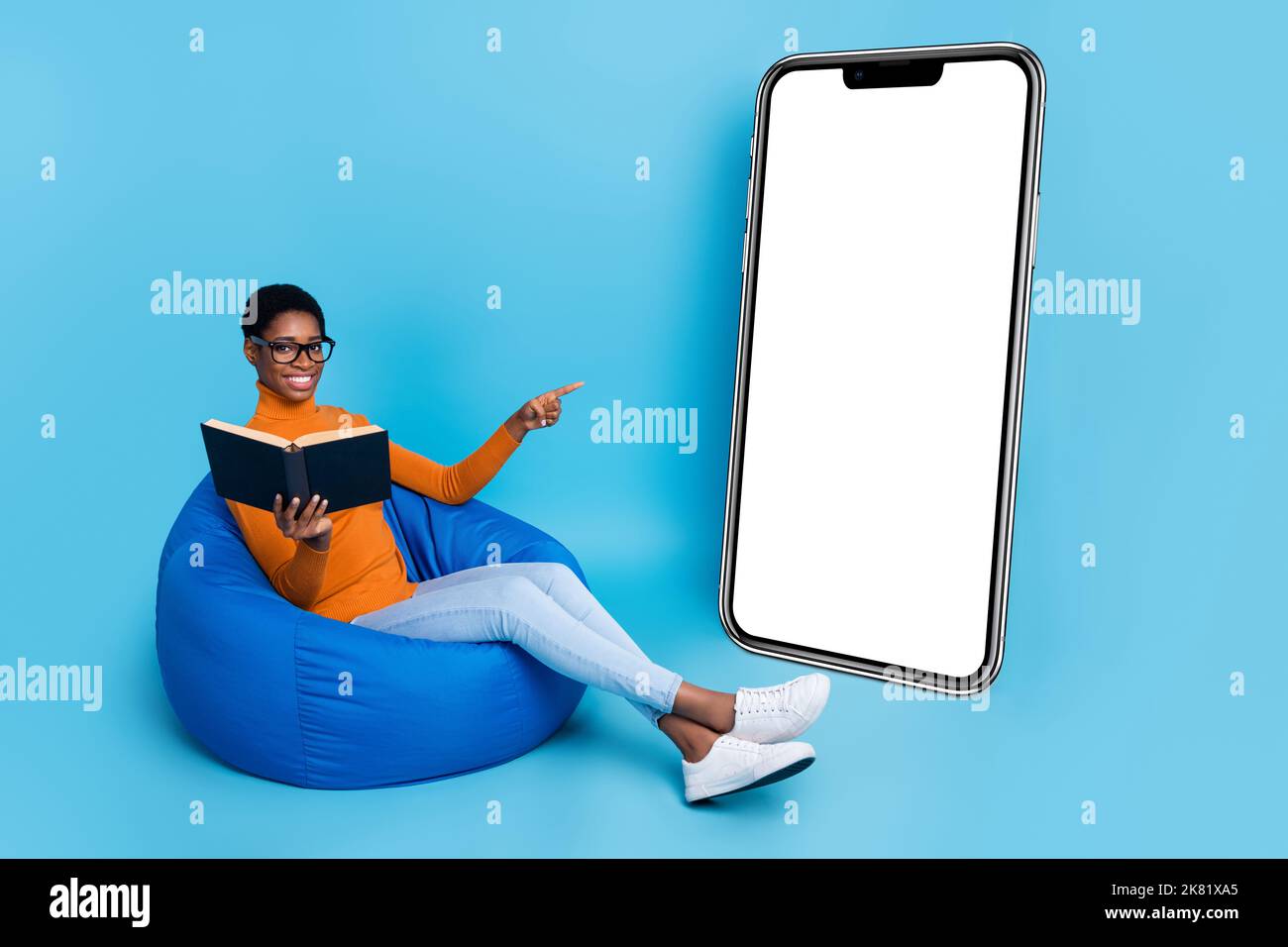 Full size photo of intelligent nonbinary person read book point empty ...