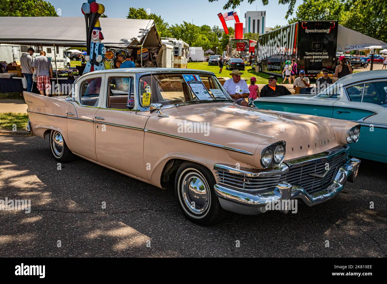 Falcon Heights, MN - June 19, 2022: High perspective front corner view of a 1958 Studebaker Commander 4 Door Hardtopat a local car show. Stock Photo