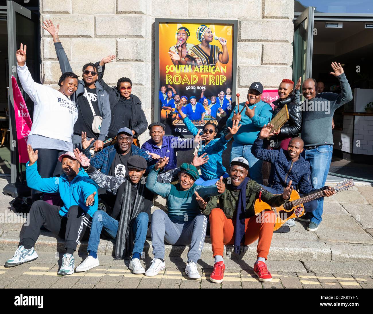 Truro, Cornwall,20th October 2022, The cast of a new show South African Road Trip’s ‘Good Hope’ posed for photos outside Hall for Cornwall theatre in Truro, Cornwall. The show premier's tomorrow and is on Friday & Saturday before moving to London. Presented by the accomplished men of the Khayelitsha United Mambazo Choir and four renowned female Xhosa singers, with musical accompaniment of two imposing South-African musicians.Credit: Keith Larby/Alamy Live News Stock Photo