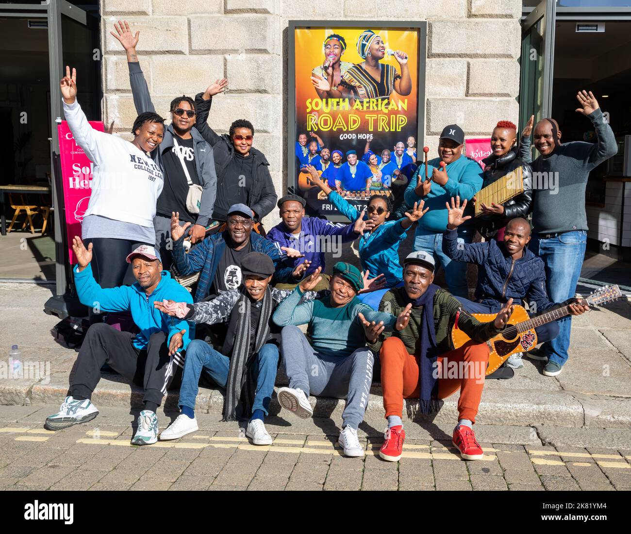 Truro, Cornwall,20th October 2022, The cast of a new show South African Road Trip’s ‘Good Hope’ posed for photos outside Hall for Cornwall theatre in Truro, Cornwall. The show premier's tomorrow and is on Friday & Saturday before moving to London. Presented by the accomplished men of the Khayelitsha United Mambazo Choir and four renowned female Xhosa singers, with musical accompaniment of two imposing South-African musicians.Credit: Keith Larby/Alamy Live News Stock Photo