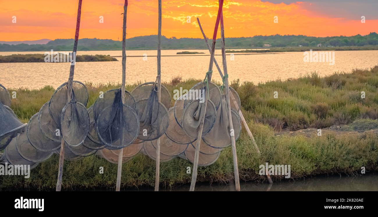 Sunset on a pond in Camargue in the south of France. Stock Photo