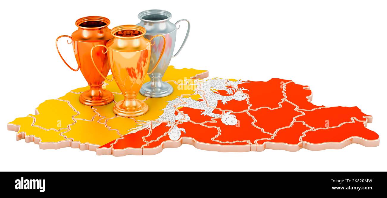 Trophy Cups on Bhutanese map. Sport Tournaments in Bhutan, concept. 3D