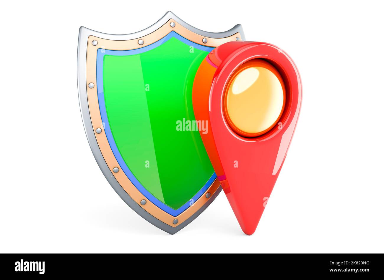 Shield with map pointer, 3D rendering isolated on white background ...
