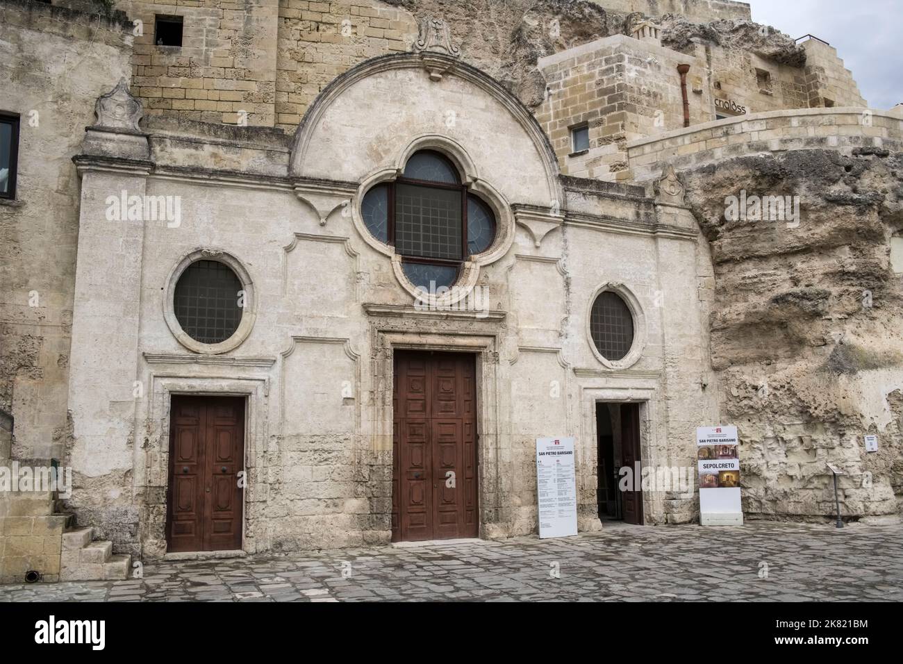 Italy, Basilicata region: Matera. Rupestrian Church of San Pietro Barisano (St. Peter’s Church); The town is registered as a UNESCO World Heritage Sit Stock Photo