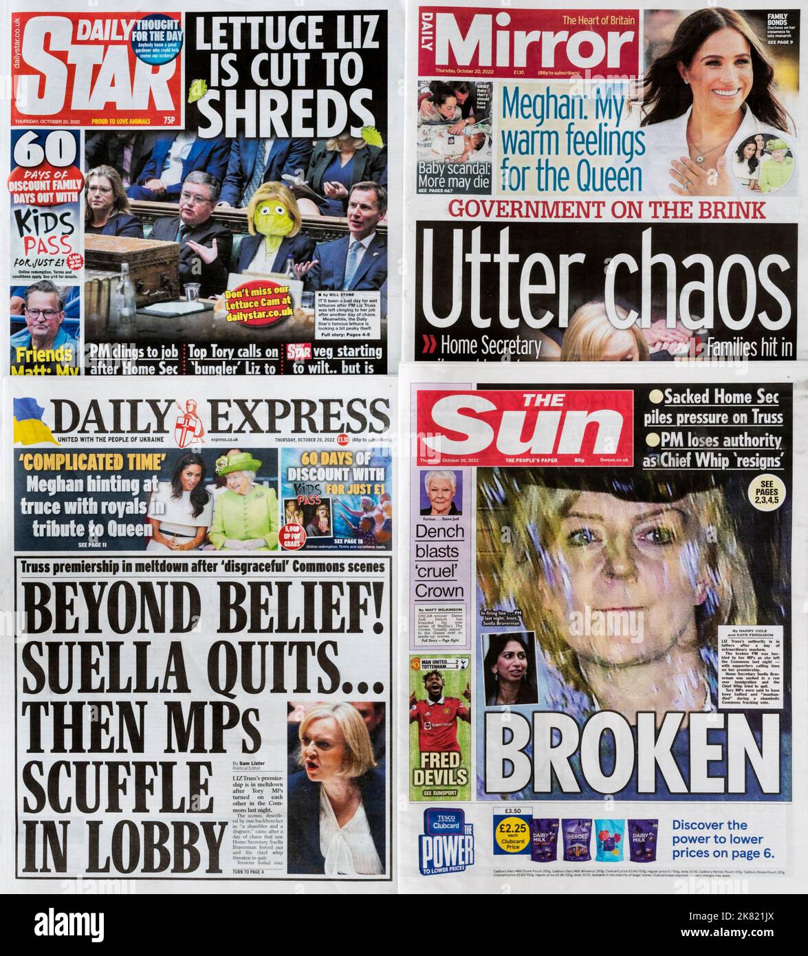 20 October 2022. A selection of newspaper front page headlines following chaos in the Conservative party during a House of Commons vote on fracking.  Prime Minister Liz Truss resigned shortly afterwards. Stock Photo