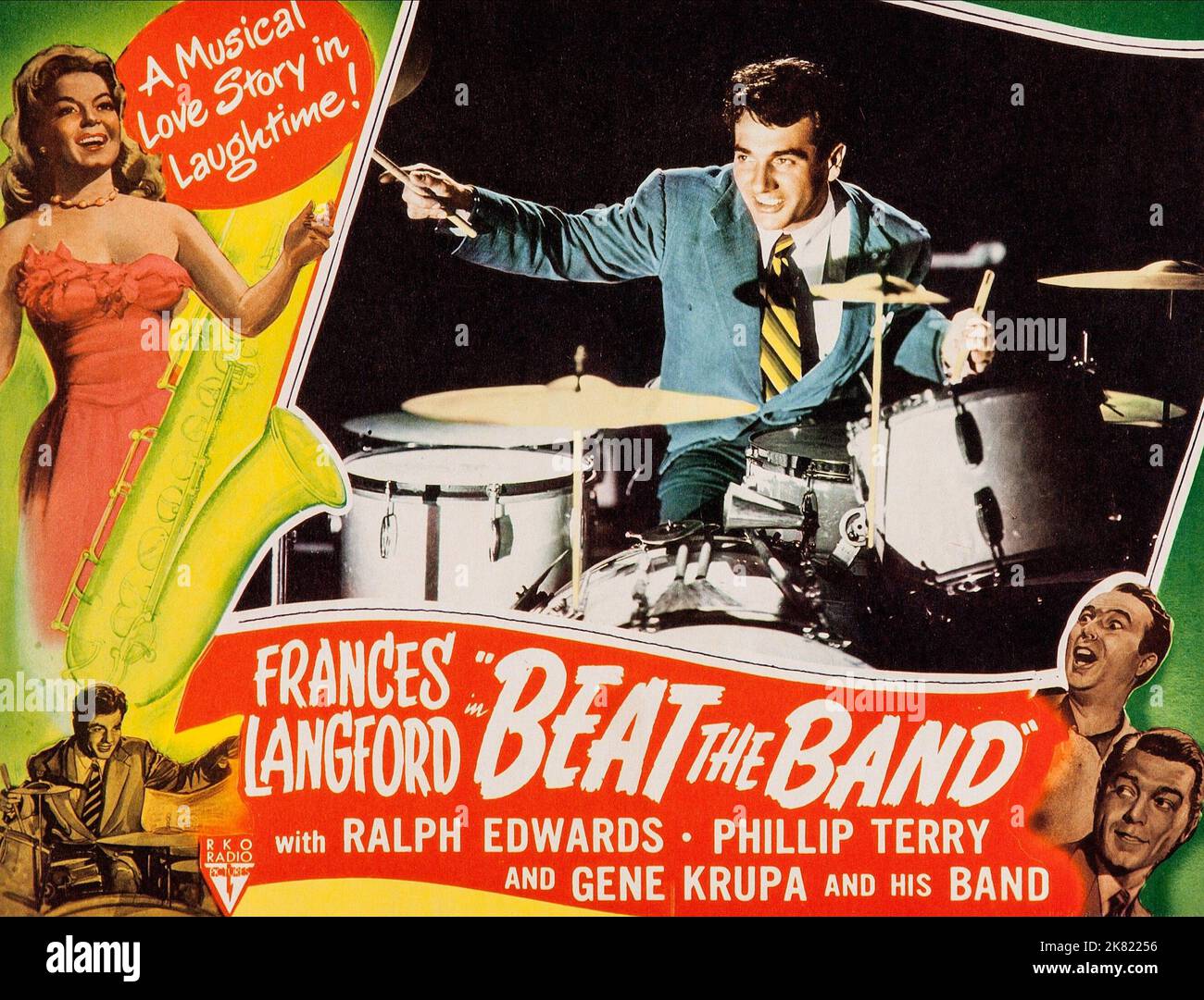 Frances Langford & Gene Krupa Poster  Film Beat The Band (1940) Characters: Ann Rogers, Himself  Director: John H. Auer 19 February 1947   **WARNING** This Photograph is for editorial use only and is the copyright of RKO RADIO PICTURES and/or the Photographer assigned by the  Film or Production Company and can only be reproduced by publications in conjunction with the promotion of the above  Film. A Mandatory Credit To RKO RADIO PICTURES is required. The Photographer should also be credited when known. No commercial use can be granted without written authority from the  Film Company. Stock Photo