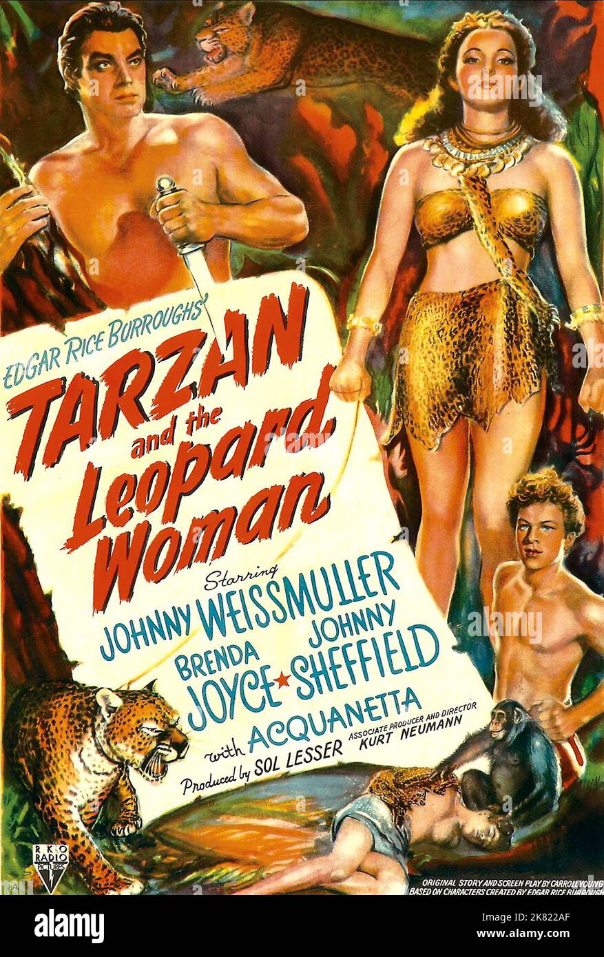 Johnny Weissmuller, Brenda Joyce & Johnny Sheffield Movie Poster Film: Tarzan And The Leopard Woman (USA 1946)   Director: Kurt Neumann 08 January 1946   **WARNING** This Photograph is for editorial use only and is the copyright of RKO and/or the Photographer assigned by the Film or Production Company and can only be reproduced by publications in conjunction with the promotion of the above Film. A Mandatory Credit To RKO is required. The Photographer should also be credited when known. No commercial use can be granted without written authority from the Film Company. Stock Photo