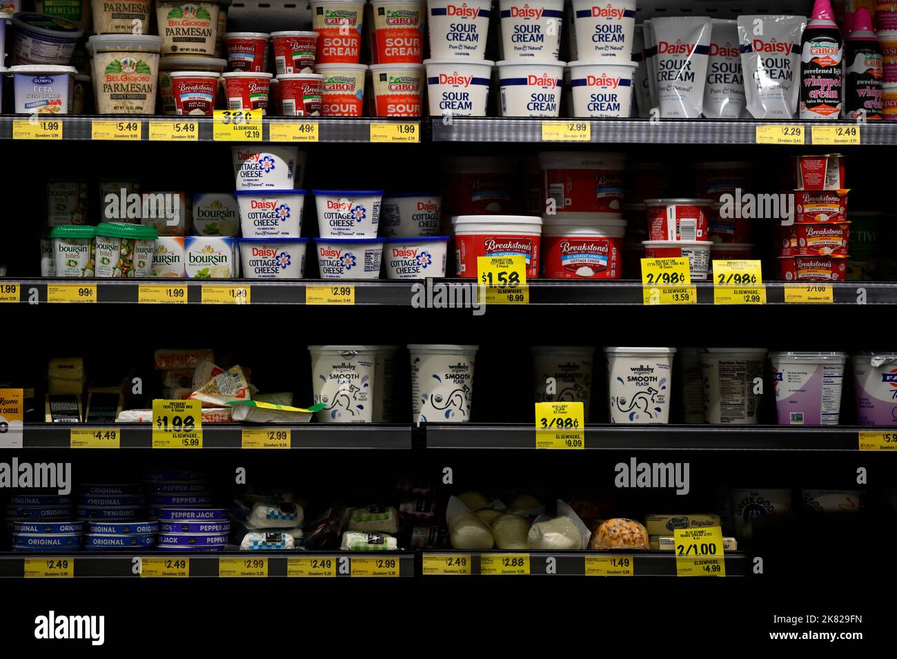 Philadelphia, United States. 19th Oct, 2022. Dairy products offered at a budget grocery store in Philadelphia, Pennsylvania, United States on October 19, 2022. The Federal Reserve closely monitors higher than usual inflation rates as consumers are affected by continued increase of costs. Credit: OOgImages/Alamy Live News Stock Photo