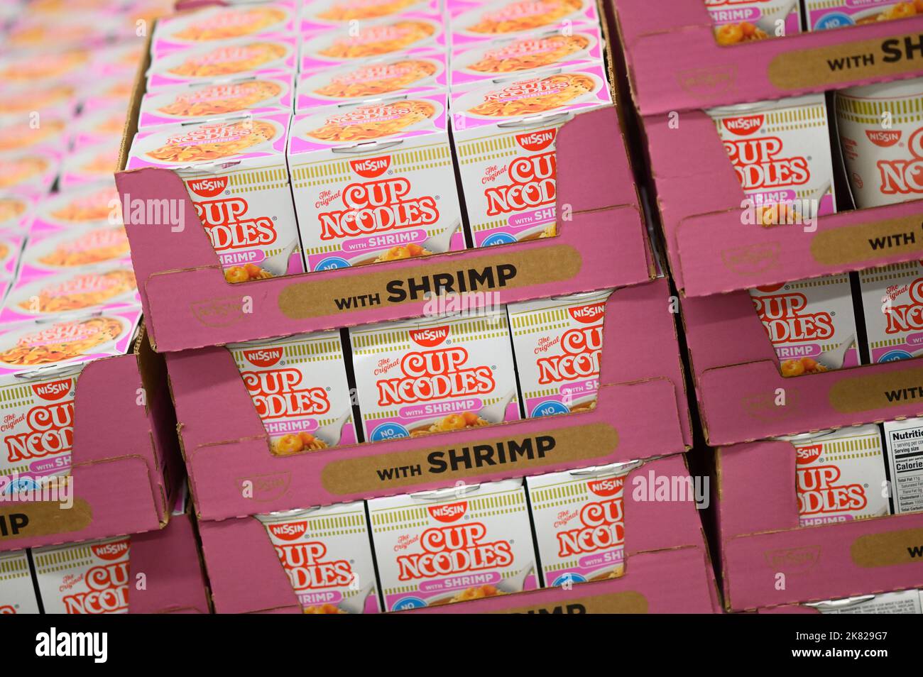 Philadelphia, United States. 19th Oct, 2022. Pallets of shrimp-flavored instant noodles at a budget grocery store in Philadelphia, Pennsylvania, United States on October 19, 2022. The Federal Reserve closely monitors higher than usual inflation rates as consumers are affected by continued increase of costs. Credit: OOgImages/Alamy Live News Stock Photo