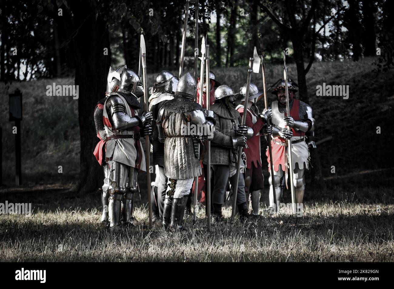 historical re-enactment of medieval battle in period costumes, evocative images of medieval combat Stock Photo