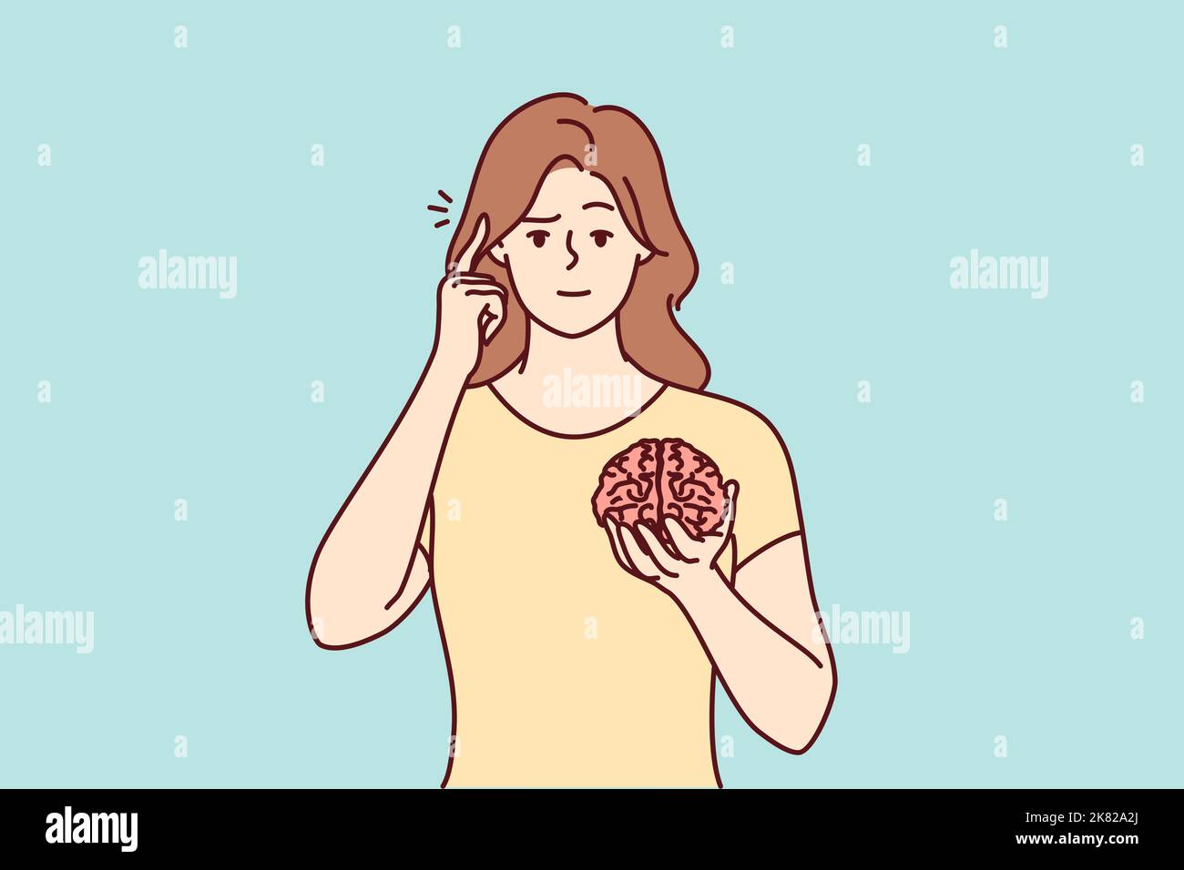 Young woman holding brain hands show at head. Focused female ask to use brain and think and consider more. Vector illustration.  Stock Vector