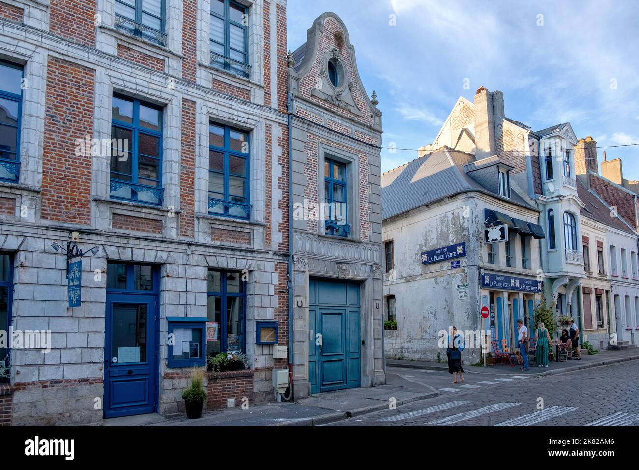 Street scene including Cafe de la Place Verte on Rue Pierre Ledent, Montreuil sur Mer, France Stock Photo