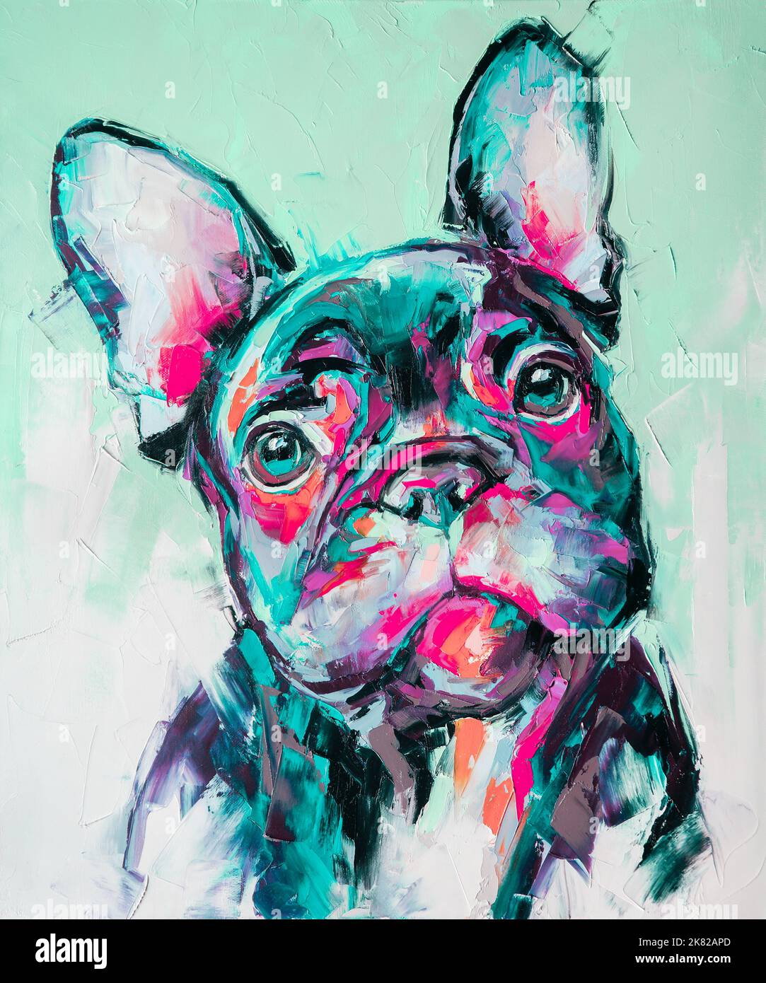 Oil dog portrait painting in multicolored tones. Conceptual abstract