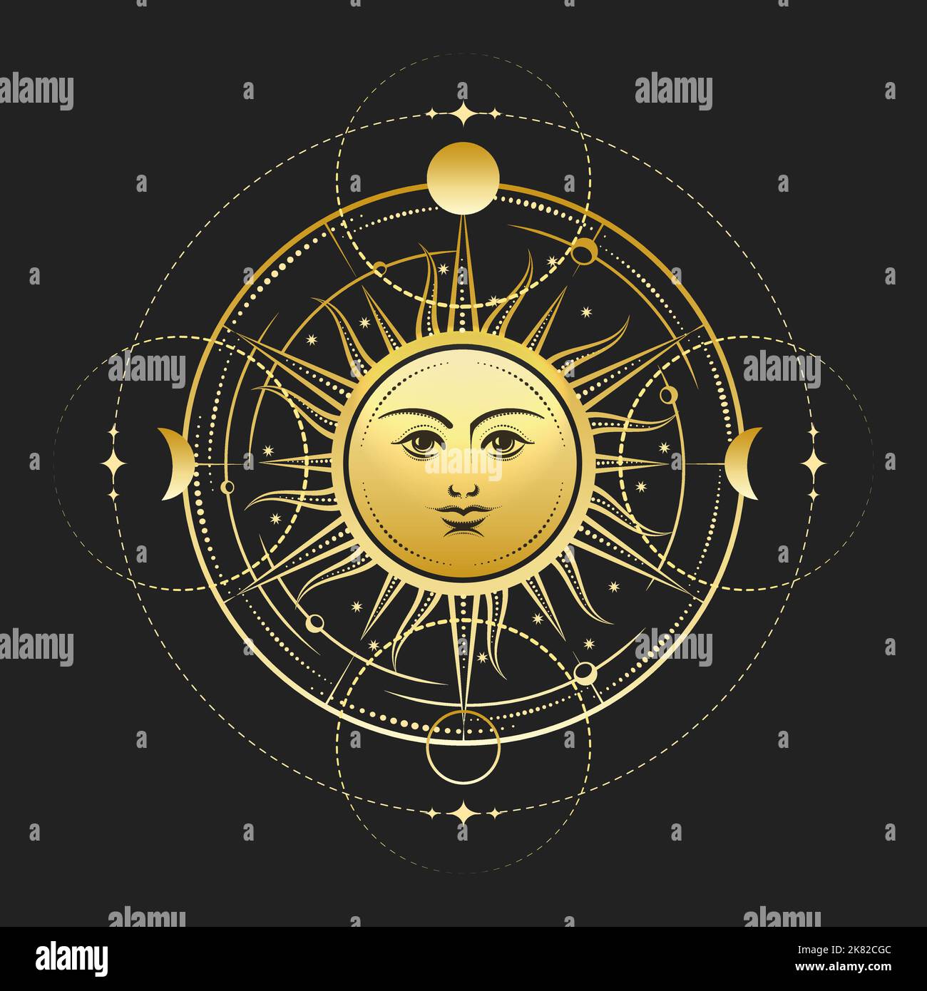 Sun with Phases of Moon and Stars. Esoteric vector Illustration isolated on black background. Stock Vector