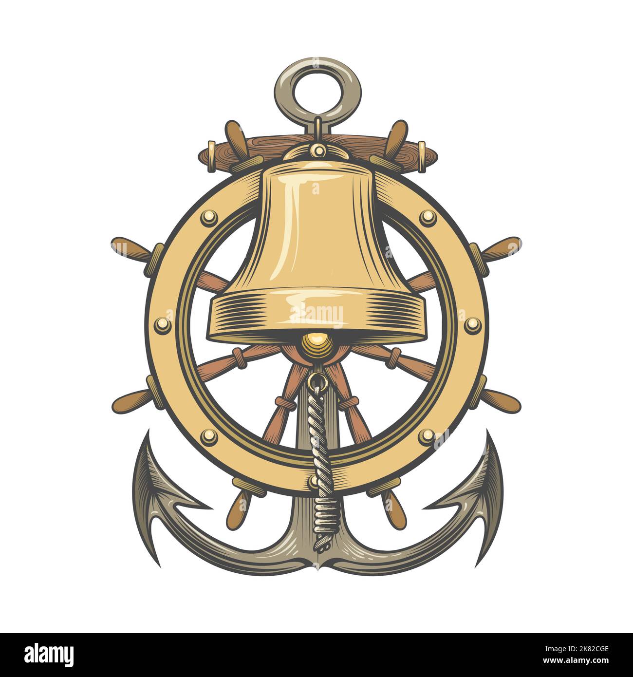 Tattoo of Ship Bell with Steering Wheel and Anchor isolated on white. Vector Illustration. Stock Vector