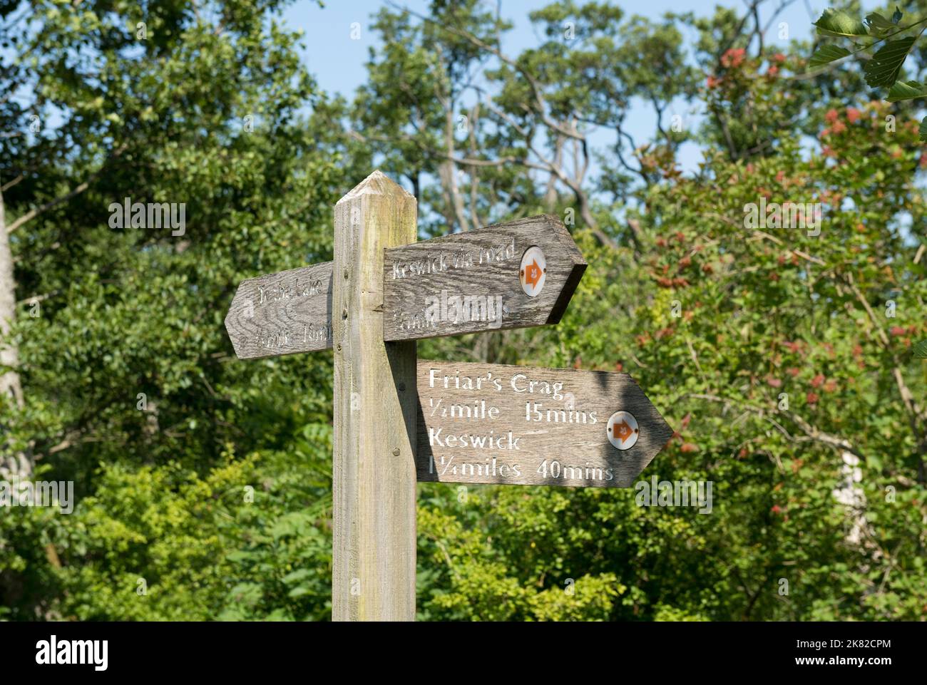 Close up wooden public footpath signpost sign to lake Friars Crag and Keswick for walkers near Derwentwater summer Lake District Cumbria UK England Stock Photo