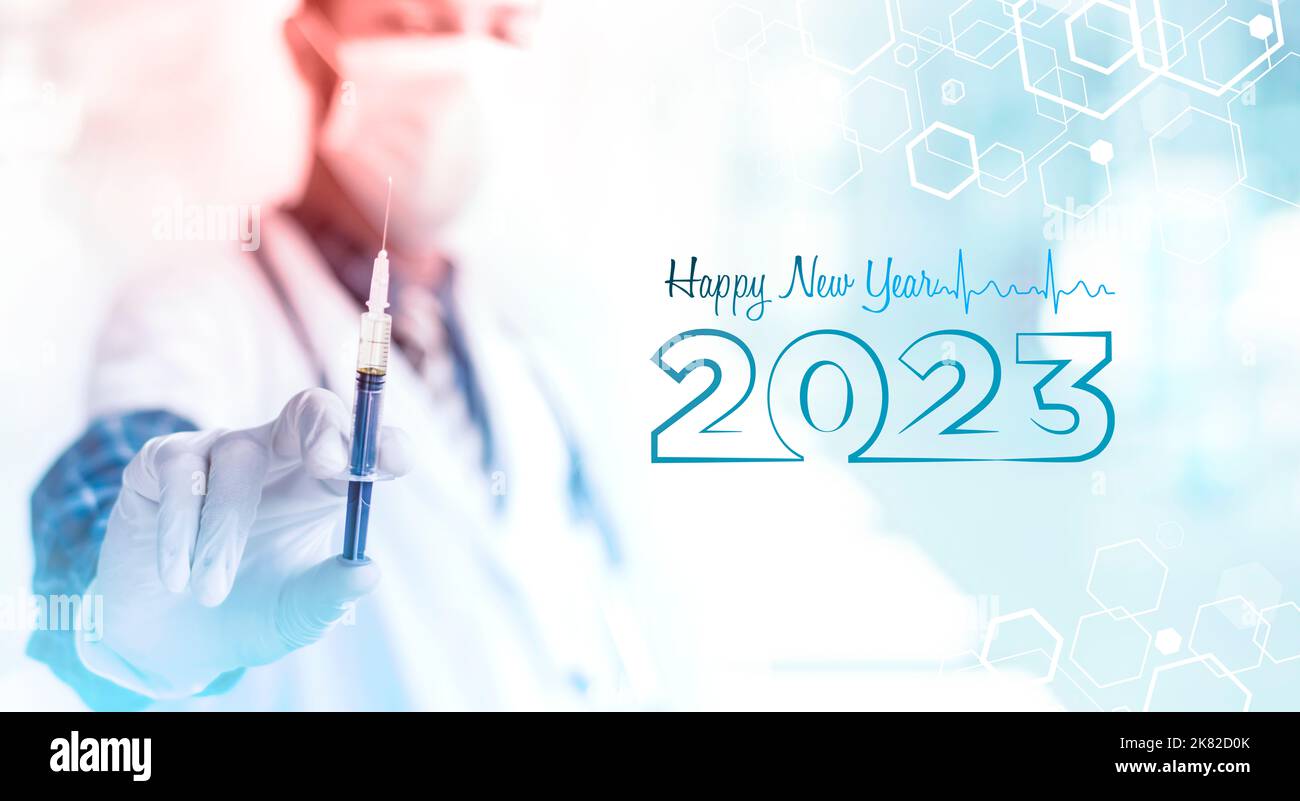 Happy new year 2023 background Medical concept image, Doctor with Syringe Hospital and clinic type image Stock Photo