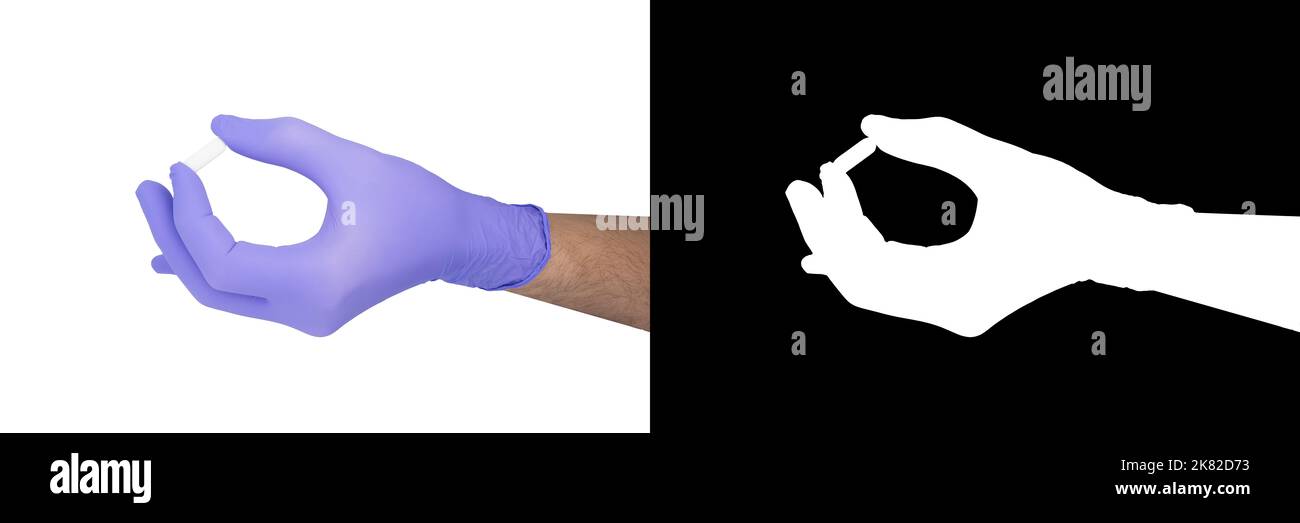 Surgeon's hand in a blue medical glove holds a white pill isolated on whithe background with clipping mask Stock Photo