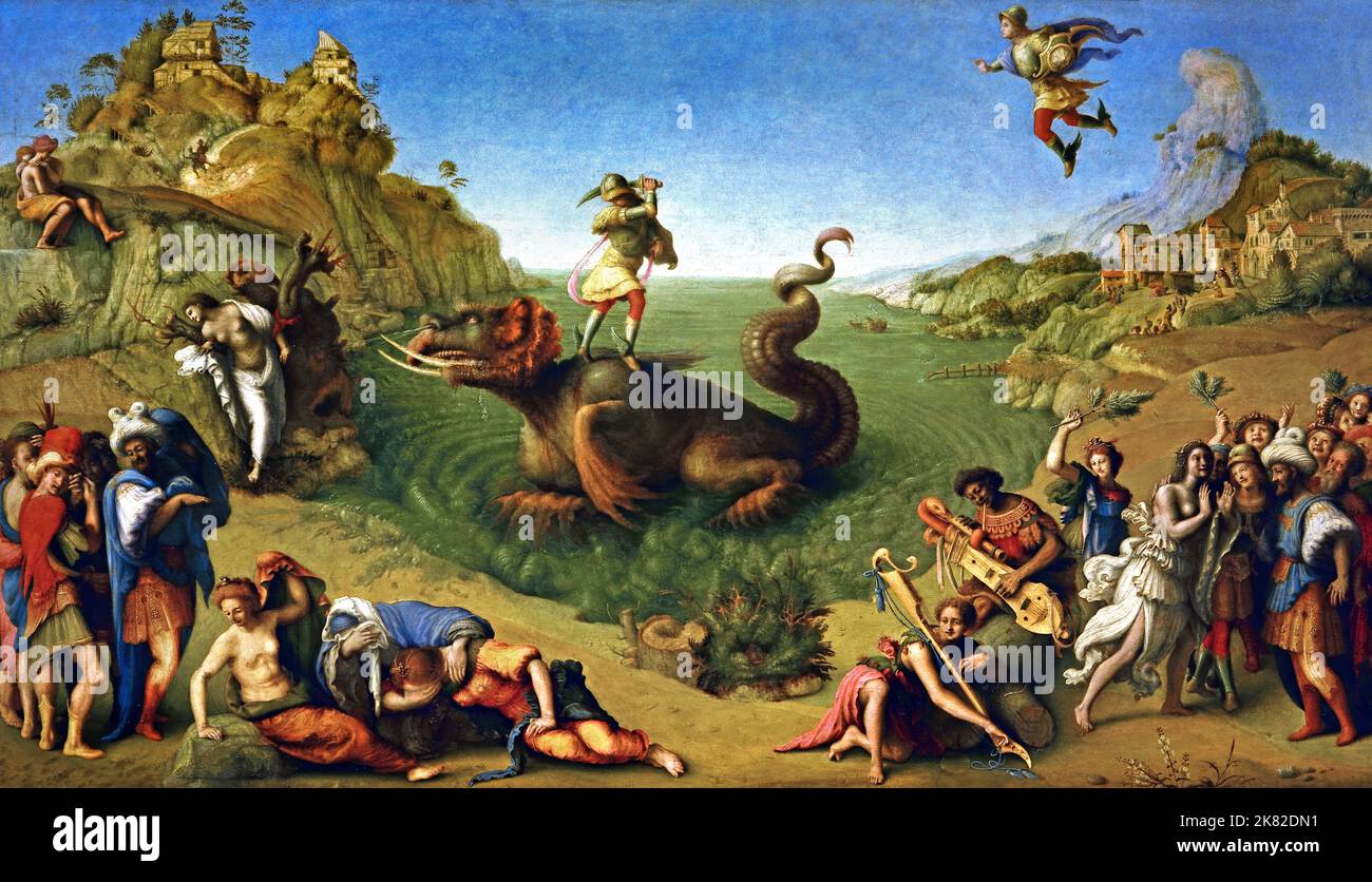 Perseus frees Andromeda by  Piero di Cosimo, (Florence 1462-1522 , Florence, Italy. Perseus is dealing with the sea monster that is about to attack Andromeda, daughter of the King of Ethiopia, offered as a sacrifice to placate the monster’s ire. The monster had been unleashed by Poseidon, angry with the boastful Cassiopeia, Andromeda’s mother. ) Stock Photo
