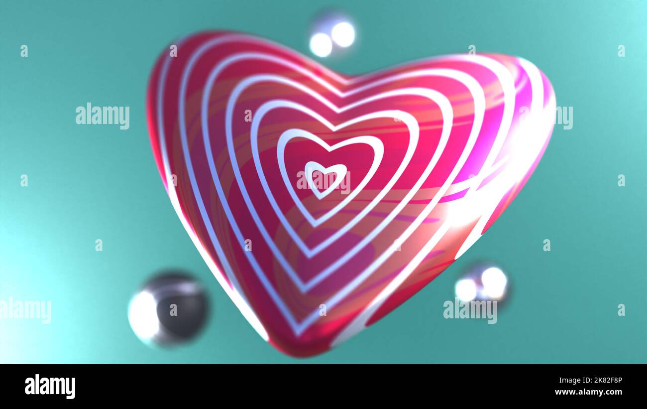 3D hyper-realistic rendering of hart-shaped object with ever-expanding vibrant pink heart pattern on turquoise background Stock Photo