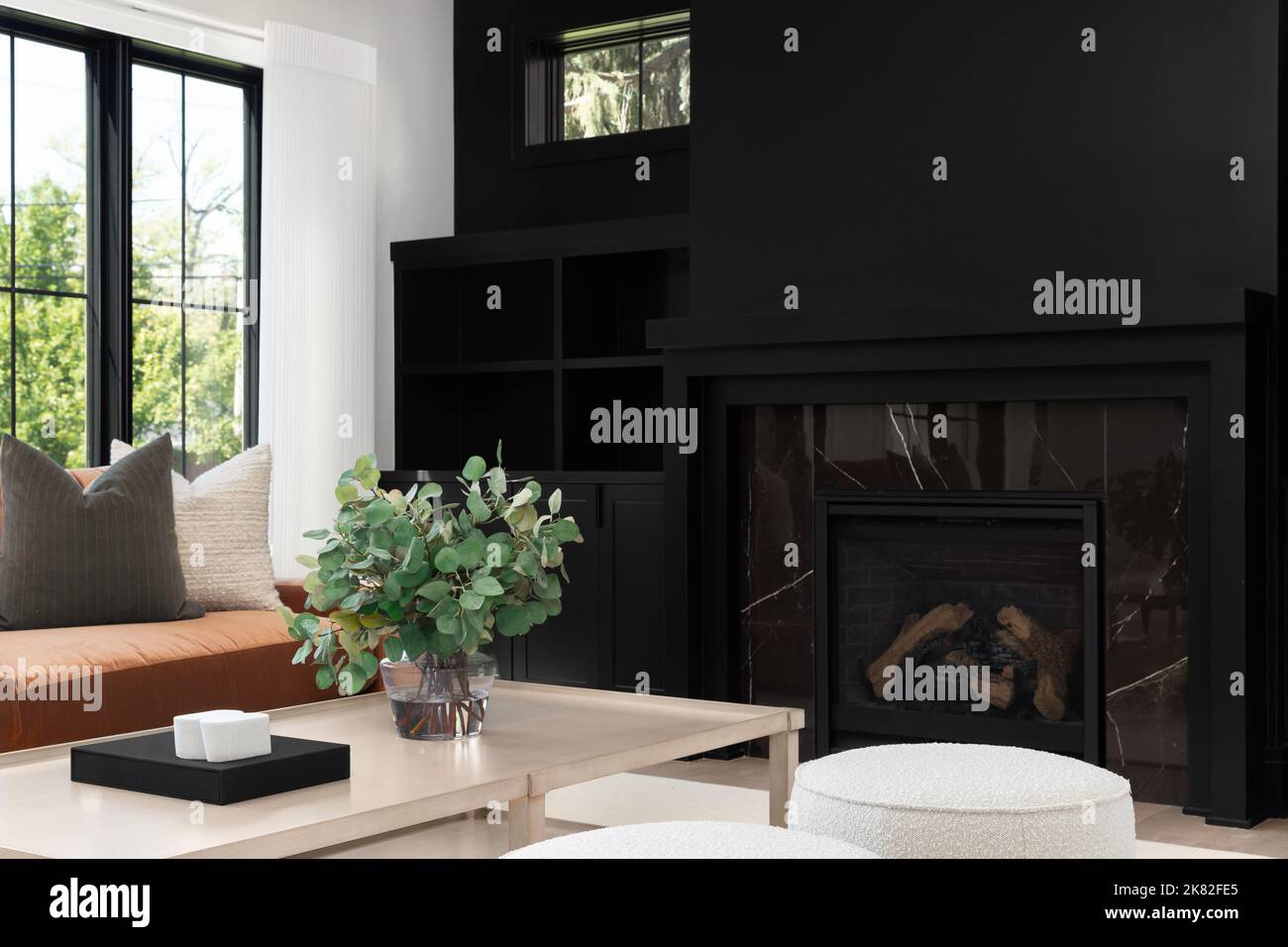 A cozy living room detail shot with a leather couch and wood table in front of a black built-in shelving and fireplace. Stock Photo