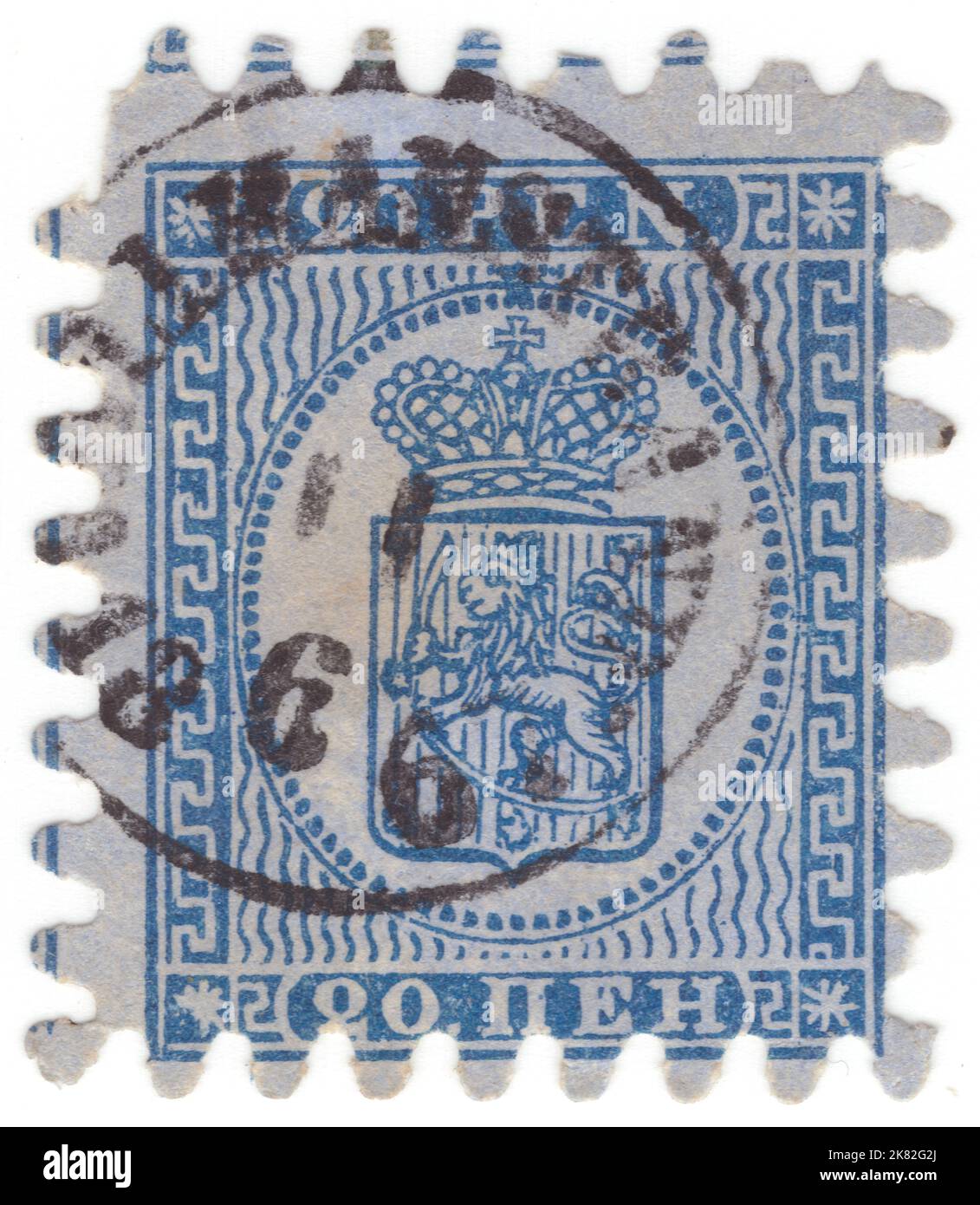 FINLAND - 1866: An 20 pen blue on blue postage stamp depicting Coat of