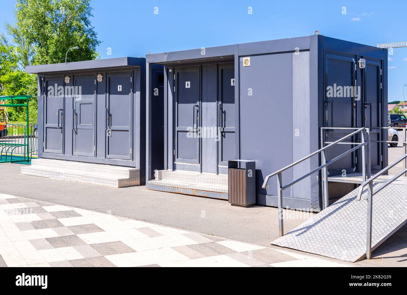 New modular public toilet stand on the city street Stock Photo