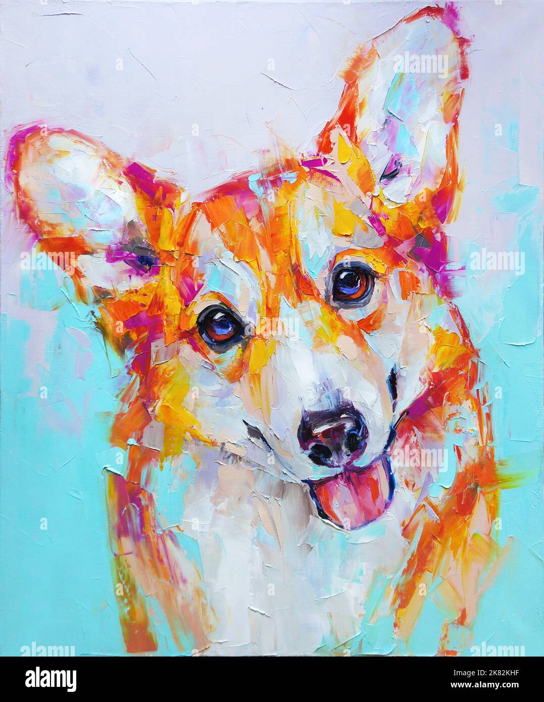 Oil dog portrait painting in multicolored tones. Conceptual abstract