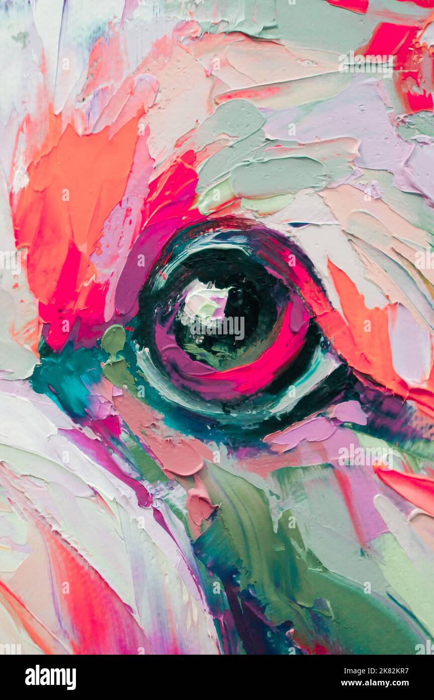 Oil dog portrait painting in multicolored tones. Conceptual abstract