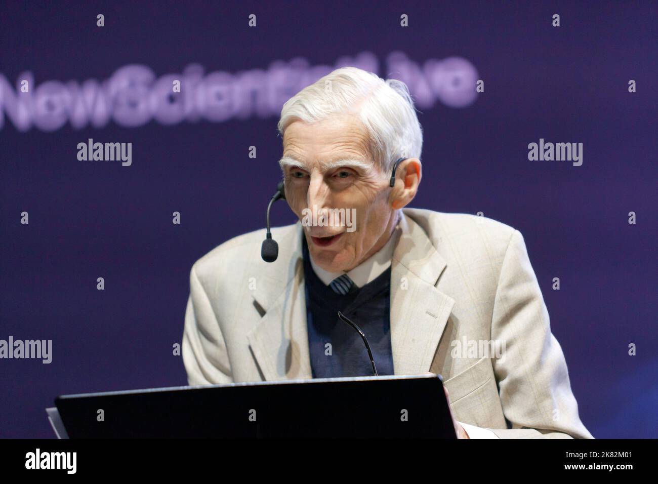 Lord Martin Rees delivering a lecture entitled 'Can science save the world?',  on the Future Stage, at New Scientist Live 2022 Stock Photo