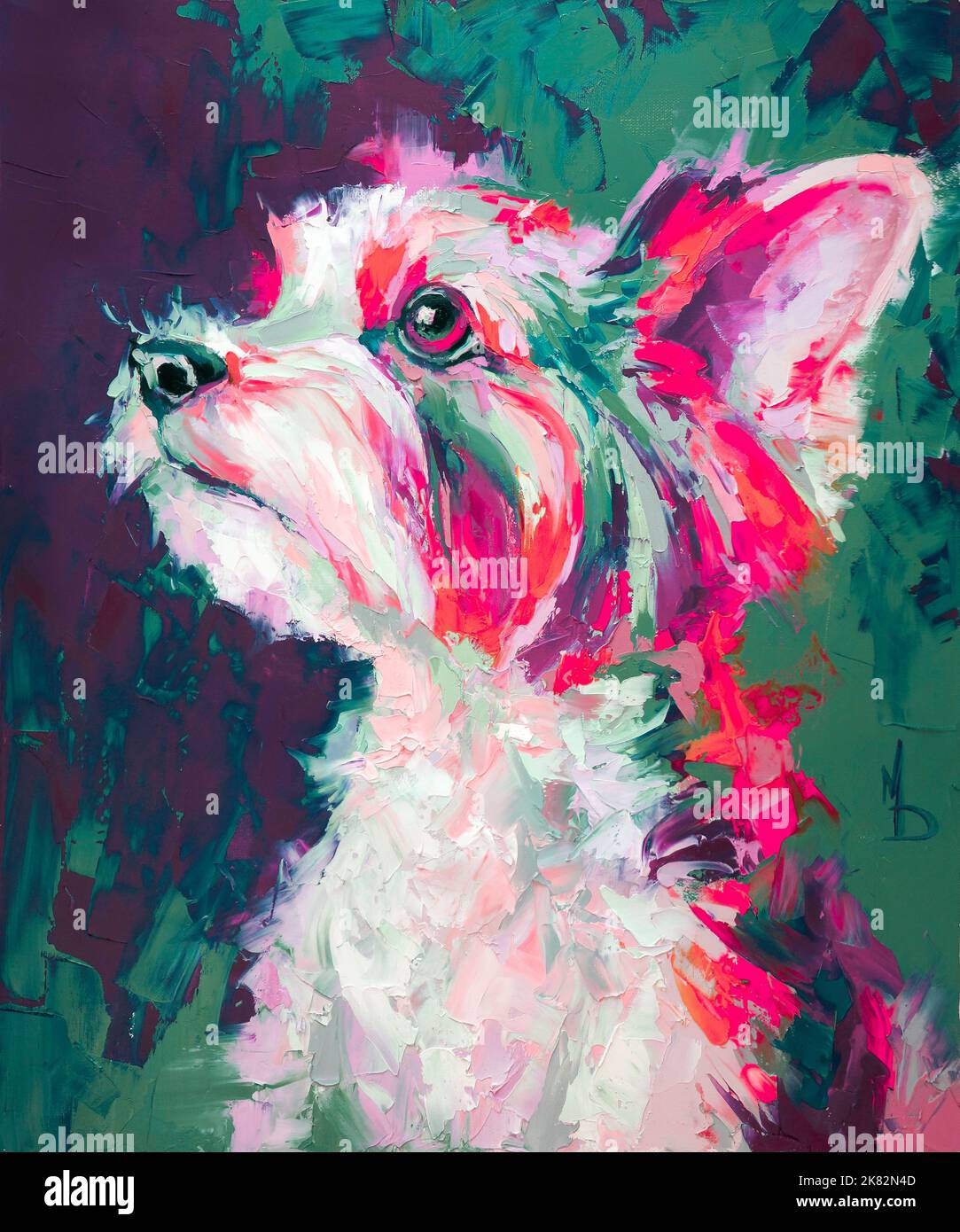 Oil dog portrait painting in multicolored tones. Conceptual abstract ...