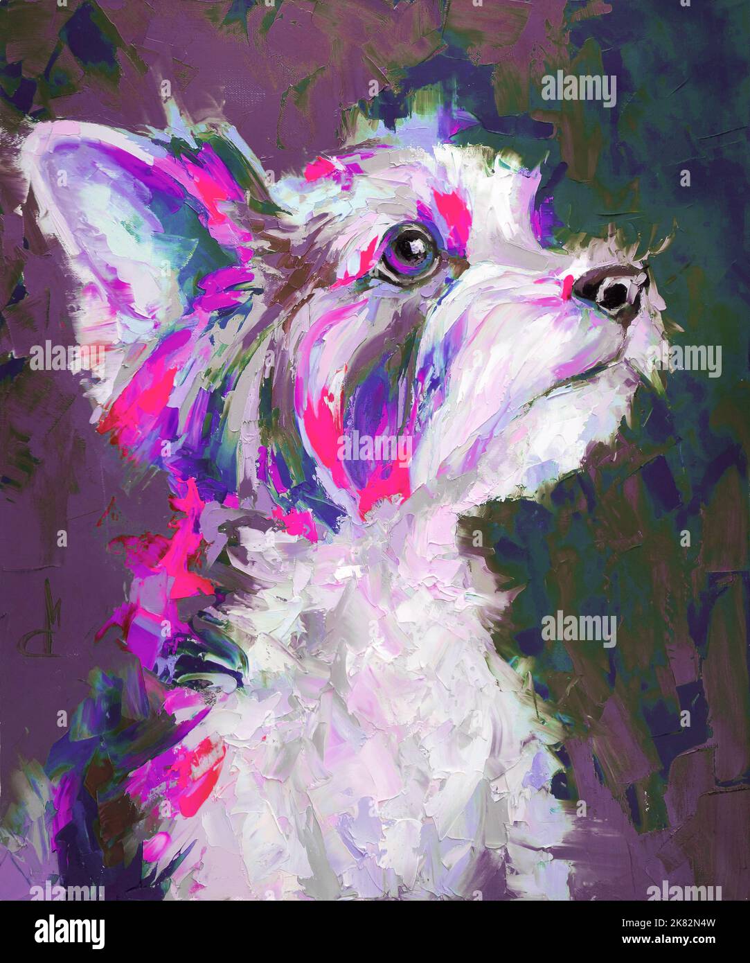 Oil dog portrait painting in multicolored tones. Conceptual abstract ...