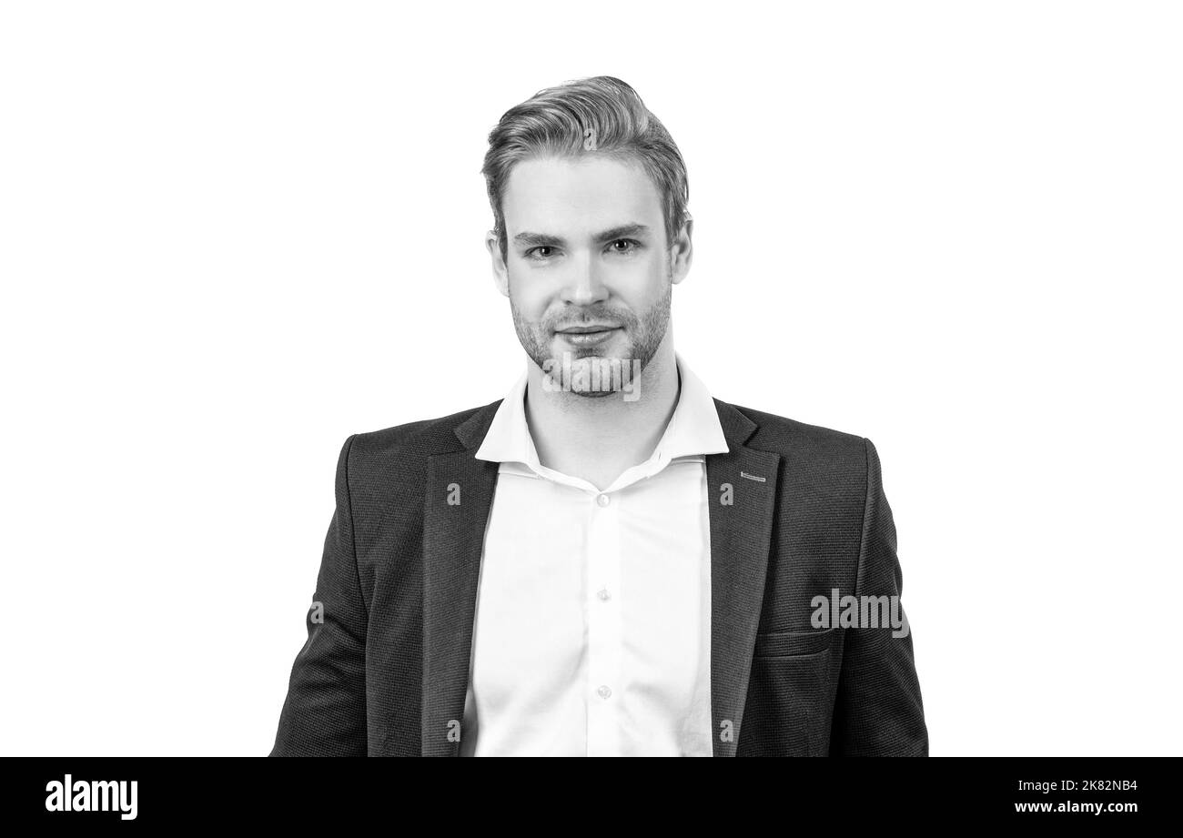 Portrait of legal professional man smiling in formal wear isolated on white, lawyer Stock Photo ...