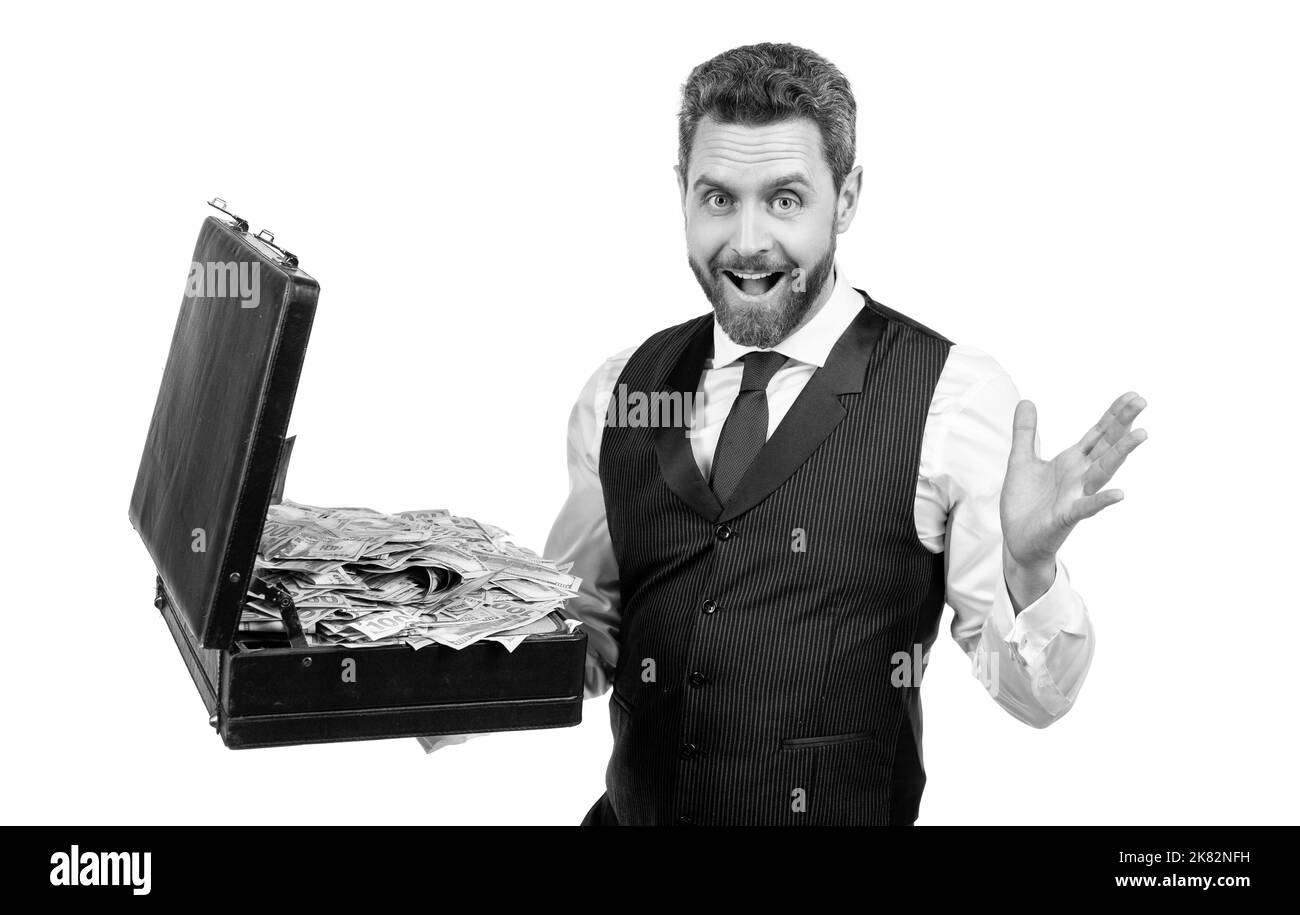 surprised businessman with money cafe isolated on white background, investment Stock Photo