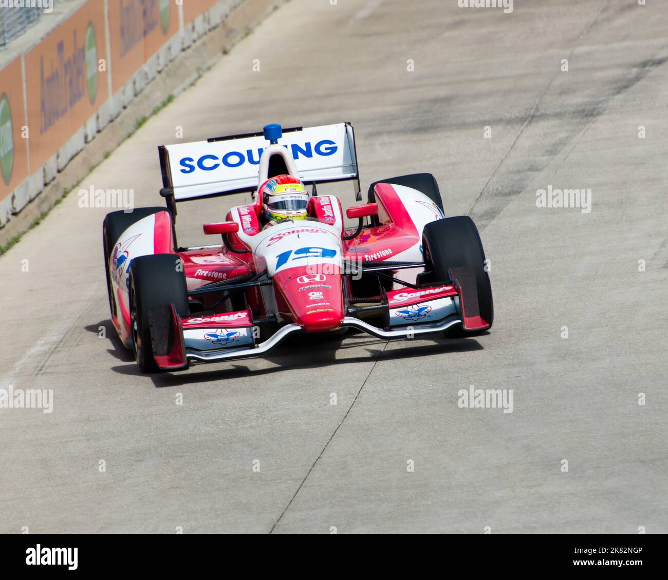 DETROIT, MI/USA - JUNE 1, 2013: Chevrolet Indy Dual in Detroit I. Third place Justin Wilson (#19), at speed. Sponsor: Boy Scouts of America Stock Photo