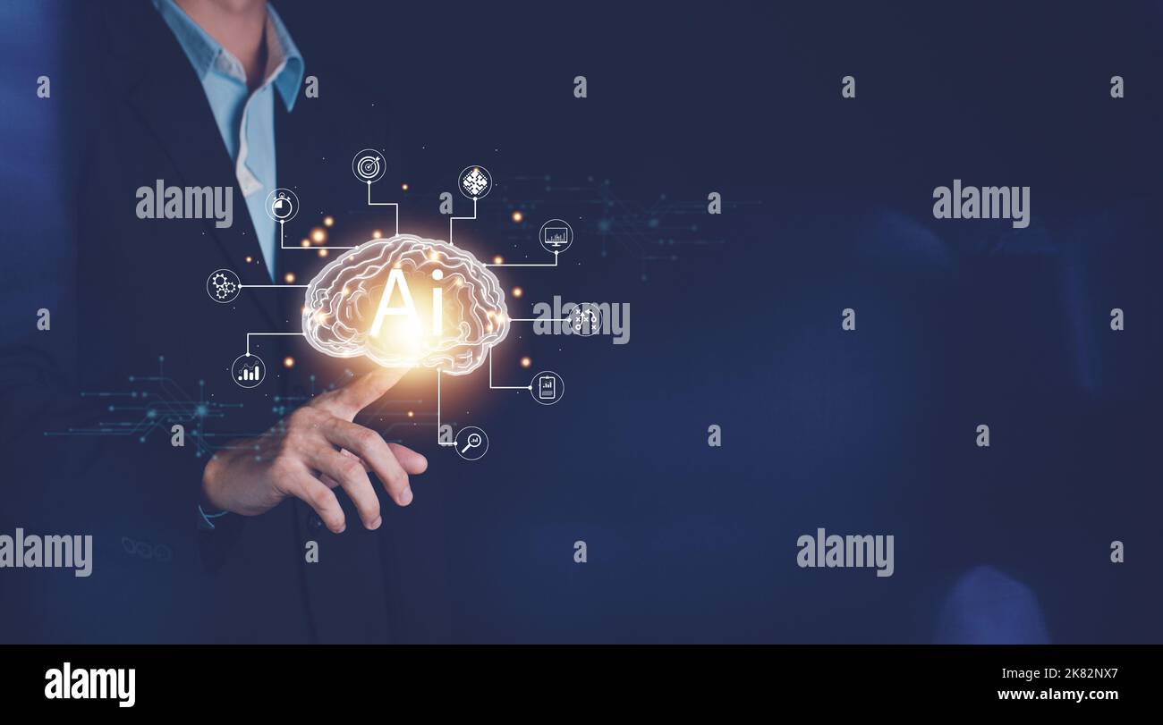 AI (Artificial intelligence) concept. Businessman hand touch brain ...