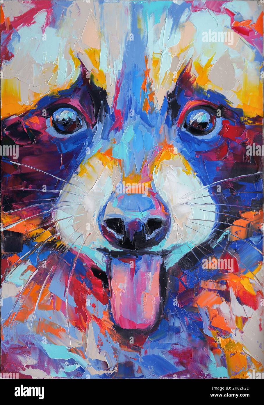 Abstract Racoon Oil raccoon portrait painting in multicolored tones. Conceptual ...